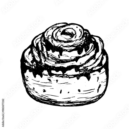 Vector isolated bun sketch. Hand-drawn Cinnabon for breakfast. Realistic drawing of a twisted bun on a white background.