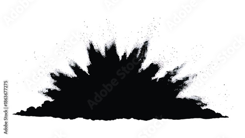 A dramatic black ink splatter with a burst of fine particles against a clean white background is shown