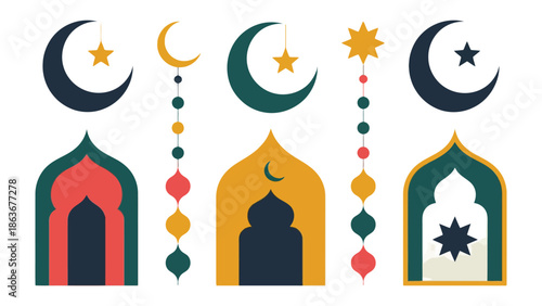 Harmony of Culture and Spirit: A collection of stylized mosque elements and crescent moon icons, symbolizing the profound spirituality and cultural richness of the region.