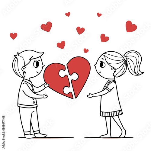A cute cartoon illustration of a boy and a girl smiling as they fit together two halves of a large red heart-shaped puzzle piece, symbolizing love or connection. Small red hearts float around.