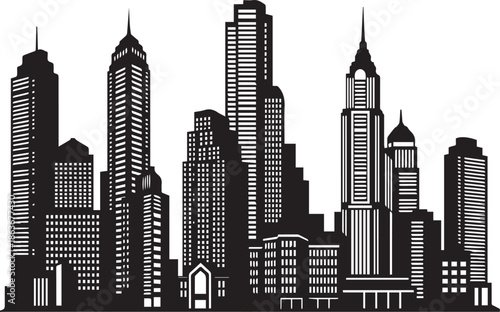 A black and white illustration of a futuristic city skyline with sleek skyscrapers