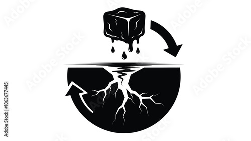 melting ice cube dripping into water with ripple effects and cracking below the surface design