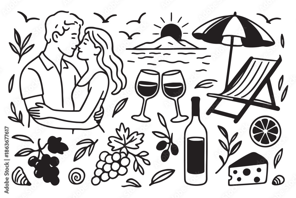 Obraz premium Italian Amalfi summer wedding vacation doodle style illustrations. Vector ink hand drawn Italy coast sea, lemons, wine and food elements. Sea weekend prints for invitation card to beach party, picnic