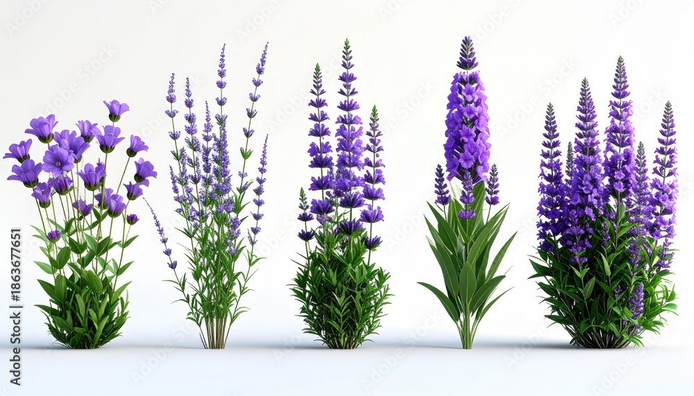 Naklejka premium Lavender Plants Set on White Background, Floral Design Elements