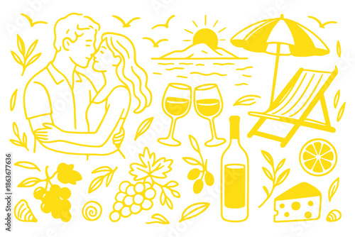 Italian Amalfi summer wedding vacation doodle style illustrations. Vector ink hand drawn Italy coast sea, lemons, wine and food elements. Sea weekend prints for invitation card to beach party, picnic