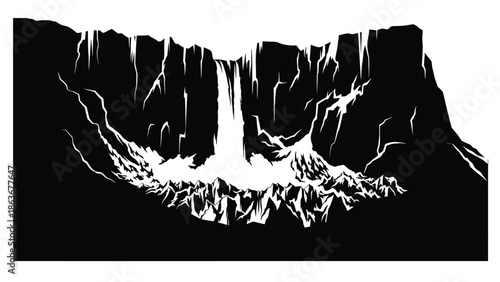 A striking black and white illustration depicts a cascading waterfall amidst rugged rocky mountain formations