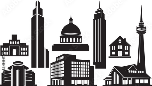 City skyline with various architectural styles and buildings