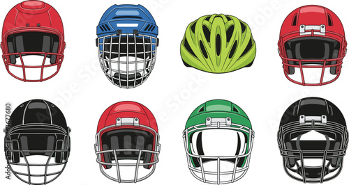 Collection of sports safety helmets including football hockey and cycling helmets, protective headgear set, flat vector illustration design