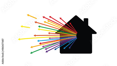 A simplified black house silhouette with colorful arrows emerging from its open doorway suggesting movement and opportunity