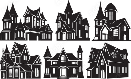 Collection of six gothic style houses with turrets and steeply pitched roofs