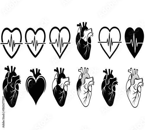 A collection of anatomical hearts and heart rate monitor symbols displayed in varying black and white designs