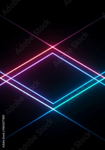 Vibrant glowing abstract composition featuring intersecting neon tubes creating complex geometric patterns on a black background, retro, render, vibrant