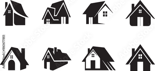 Collection of eight unique black and white house silhouettes