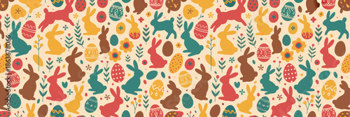 A joyful seamless pattern displays a variety of colorful Easter bunnies, decorated eggs, and charming spring flowers