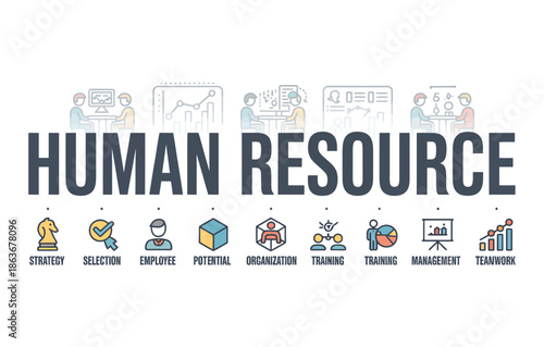 human resource web banner icon, business strategy and employee selection, hr profile management, organization structure symbols, minimal vector infographic for websites and presentations.