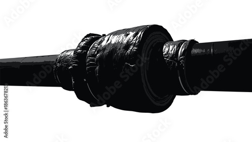 A close up black and white image showcases a heavily textured industrial pipe fitting against a stark white background