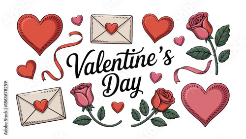 Valentine's Day Elements: A collection of charming Valentine's Day illustrations, including hearts, roses, and envelopes, perfect for expressing love and affection.