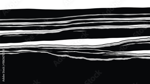 Abstract black and white graphic with layered horizontal lines creating a dynamic wave like visual texture