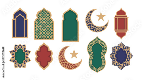 Embellished Forms of Culture: A collection of decorative design, featuring intricate shapes and forms, including iconic crescent moons and stars, evoking a sense of heritage and artistic beauty.