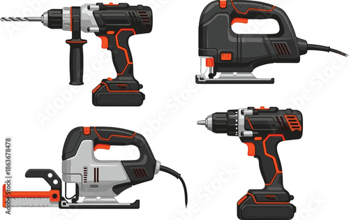 Set of cordless drills and electric jigsaws, professional power tools collection for construction, woodworking, DIY projects, flat vector illustration