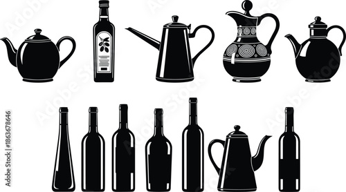 WebSet of various beverage containers and kitchenware silhouettes, including teapots, coffee pots, wine bottles, and olive oil flask vector illustration