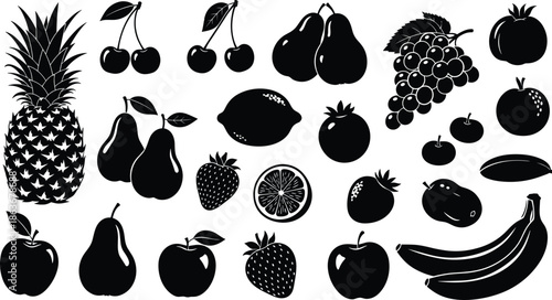 Set of various fresh fruit and healthy produce silhouettes including apple, banana, pineapple, grapes, and citrus icons vector illustration collection