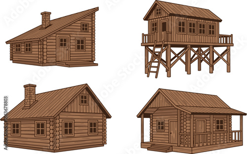 Set of rustic wooden log cabins and stilt houses architecture illustration, traditional countryside homes collection, flat vector design elements set
