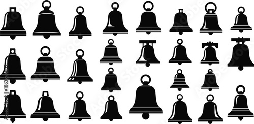 Set of various ringing bell and jingle bell silhouettes, alarm icons, and Christmas decoration symbols vector illustration collection