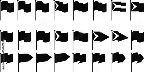 Set of various waving black flag silhouettes on poles, vector illustration collection, isolated symbols for map location markers or sports racing design.