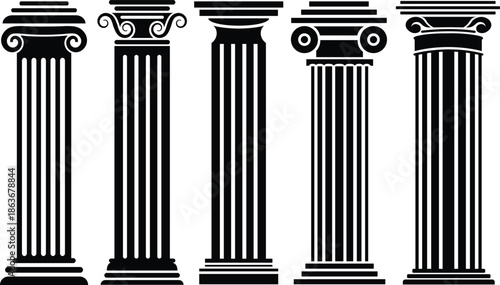 Classic Greek Pillar, Greek column silhouette. Ancient pillars Greek stylized decorative columns for museum historical exhibition recent vector flat symbols set isolated