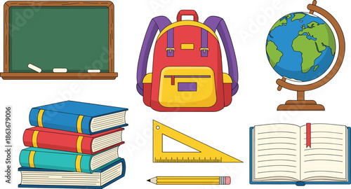 Set of school education icons with chalkboard backpack books globe ruler pencil notebook, flat vector illustration for learning concept