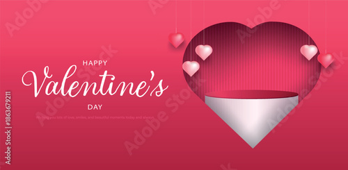Realistic pink 3D cylindrical podium with heart shaped background for valentine's day banner. Valentine's day minimal scene for products showcase, Promotional display. Vector illustration design.