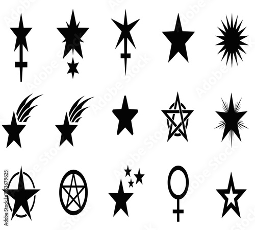 A collection of diverse black star symbols celestial shapes and mystical icons displayed on a white background