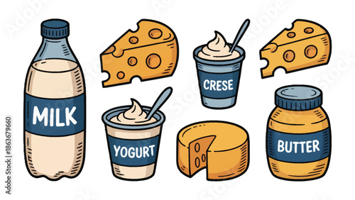 Dairy Delights: A collection of various dairy products, including fresh milk, assorted cheese types, yogurt, and butter, artfully arranged, showcasing the wholesome goodness of dairy.
