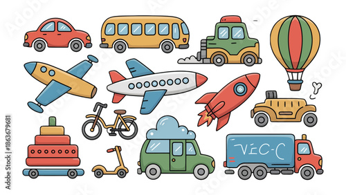Cute Transport Cartoon: A delightful illustration showcases an array of vehicles. Each transport element is colored, with each element meticulously designed, making it perfect for children's projects