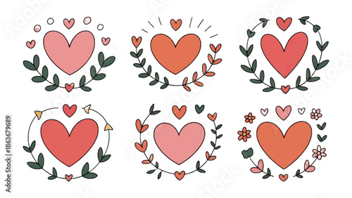 Love's Emblem Collection: A sweet assembly of six heart-shaped designs, each delicately framed by leaves and accents, celebrating love and affection with a touch of whimsy.