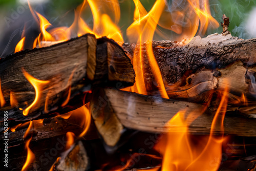 Burning firewood with a bright flame close-up.