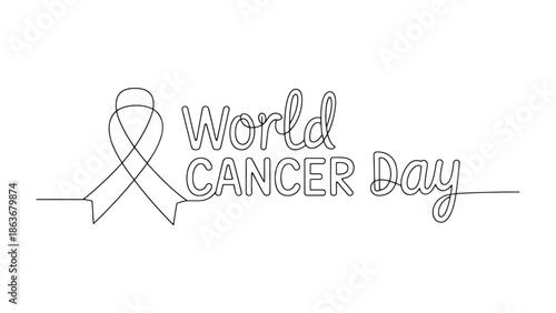 World Cancer Day: A single, continuous line gracefully forms a ribbon symbol, entwined with the words World Cancer Day, creating a poignant tribute to awareness and support.