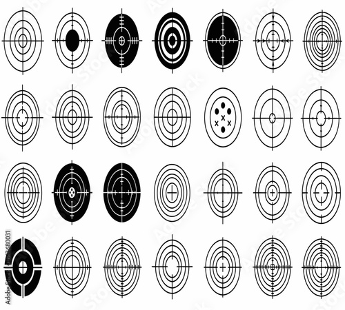 A collection of various black and white target symbols displayed in a grid pattern showcasing different designs