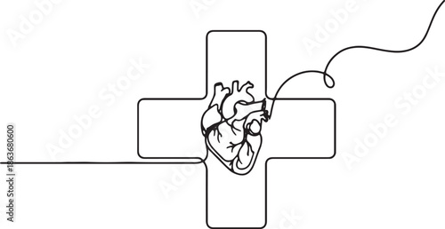 Simple line art illustration of a cross with a heart being pulled away from itline drawing of an anatomical heart.