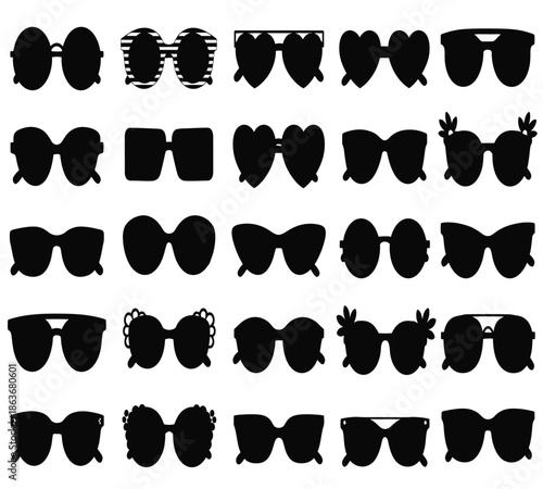 A collection of various black sunglasses silhouettes arranged in neat rows showcasing diverse styles and designs