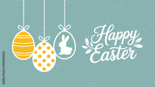 An endearing Happy Easter message with charming hanging eggs and a rabbit cutout against a muted blue backdrop