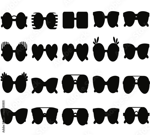 A stylish collection of diverse sunglasses silhouettes displayed in black showcasing varied frame shapes and designs
