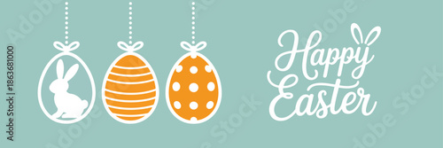 Cheerful Happy Easter banner with decorative hanging eggs featuring a bunny and striped patterns