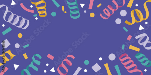 Cheerful holiday frame presenting a mix of silver, pink, and blue serpentine streamers on purple