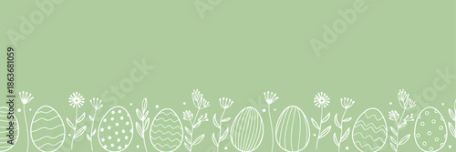 Cheerful light green canvas showcasing a decorative lower border of white outlined Easter eggs and flourishing spring foliage