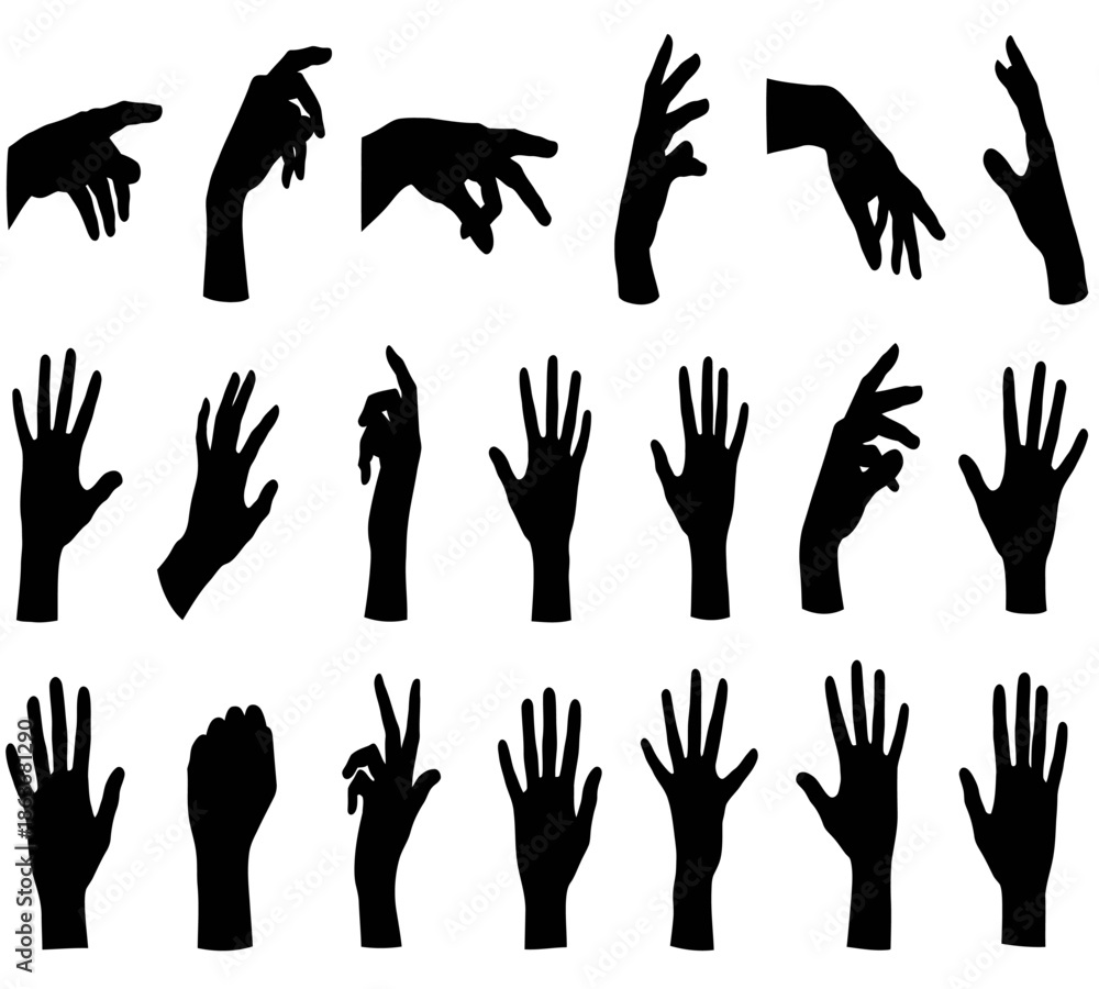 Fototapeta premium A collection of diverse black silhouette hand gestures displaying various poses and orientations against a white background