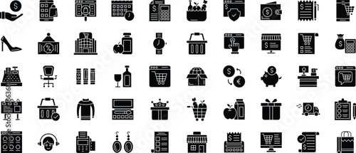 E-Commerce, Retail and Finance Solid Icon Set – Online Shopping, Payments, Banking, Store, and Customer Service Symbols