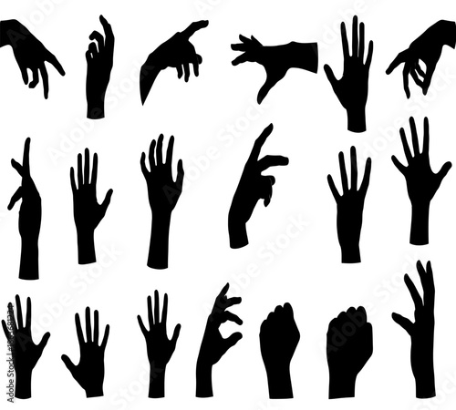 A collection of various black silhouette hand gestures displayed in different poses and orientations against a white background