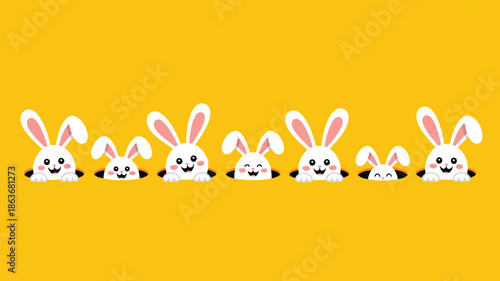 Cute white cartoon bunnies with pink ears peeking out from dark holes on a bright yellow surface